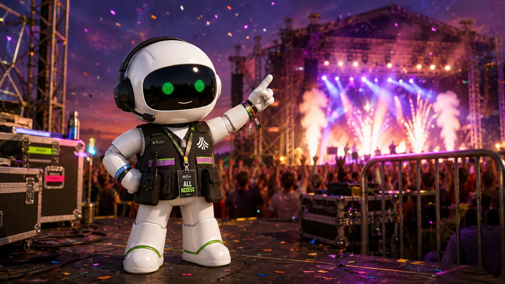 Teambridge festival operations coordinator working beside a live music stage