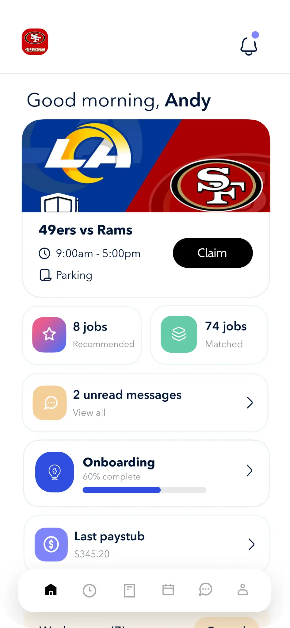 Teambridge worker app showing an upcoming shift and open jobs
