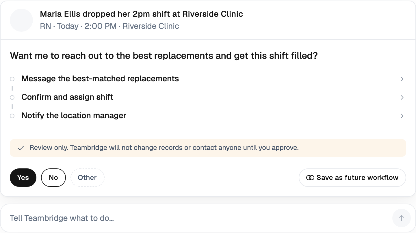 Teambridge open shift coverage workflow