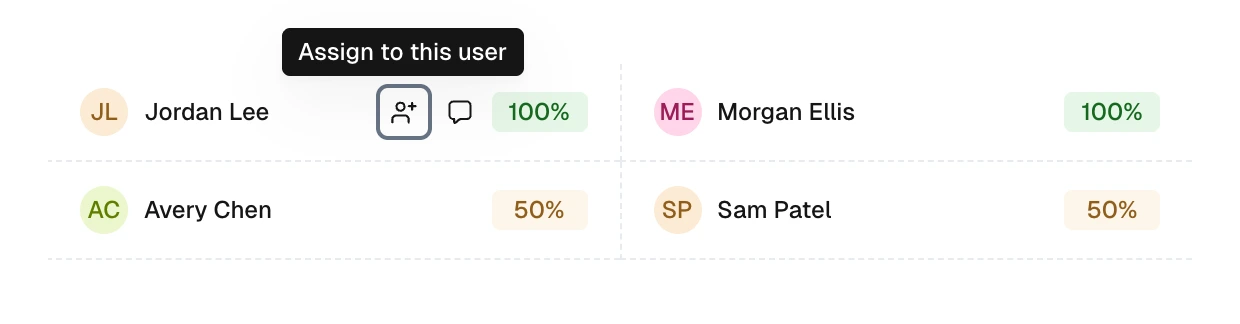 Matching results for Jordan Lee, Morgan Ellis, Avery Chen, and Sam Patel. Jordan has a 100% match, with assignment and message icons beside the name.