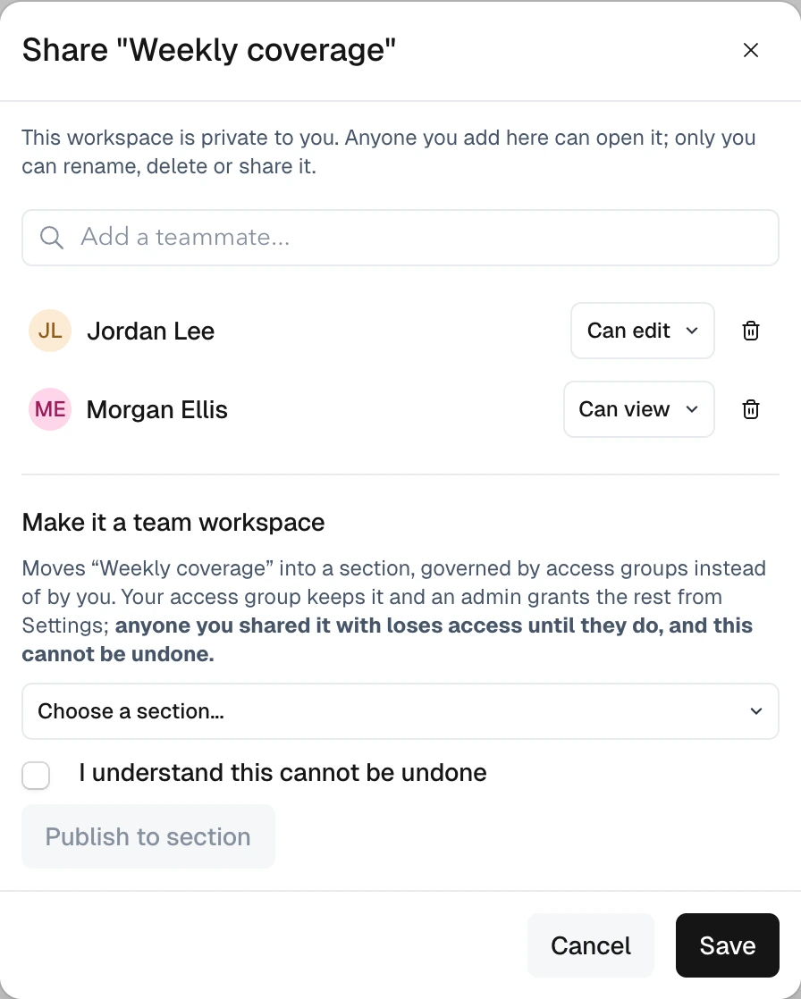 Share Weekly coverage dialog, with Jordan Lee set to Can edit and Morgan Ellis set to Can view, a Save button, and a separate section for publishing the workspace.