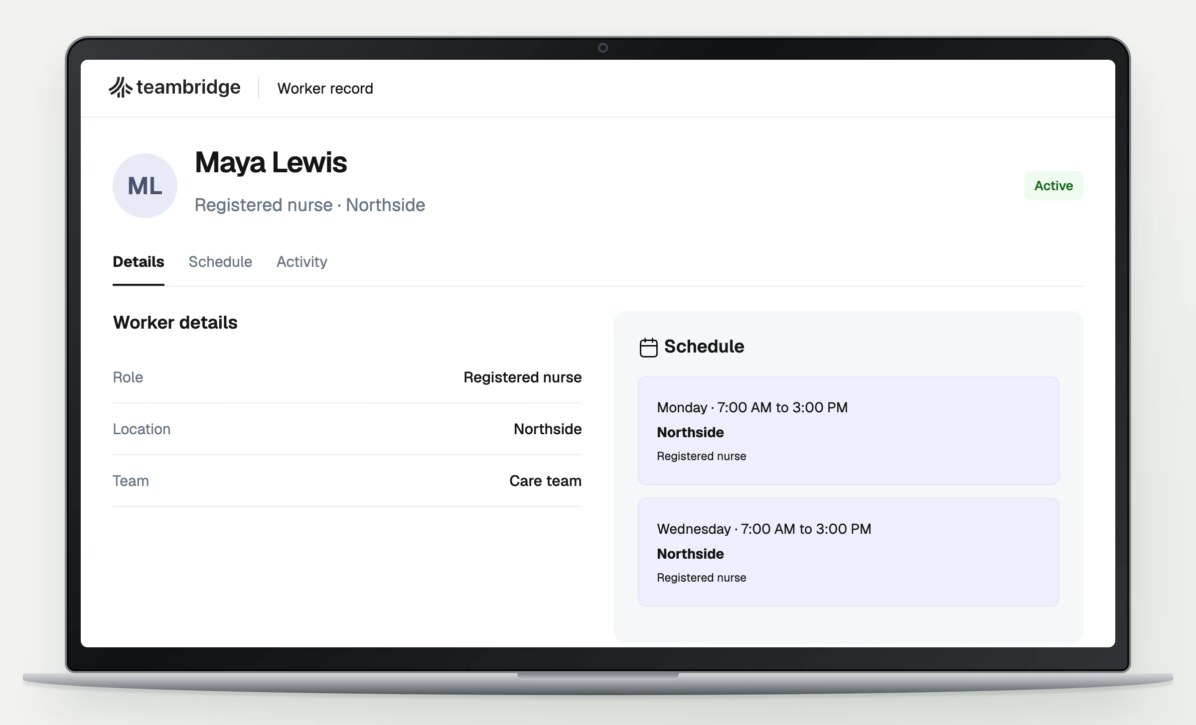 Illustrative Teambridge worker record and linked schedule shown on a laptop