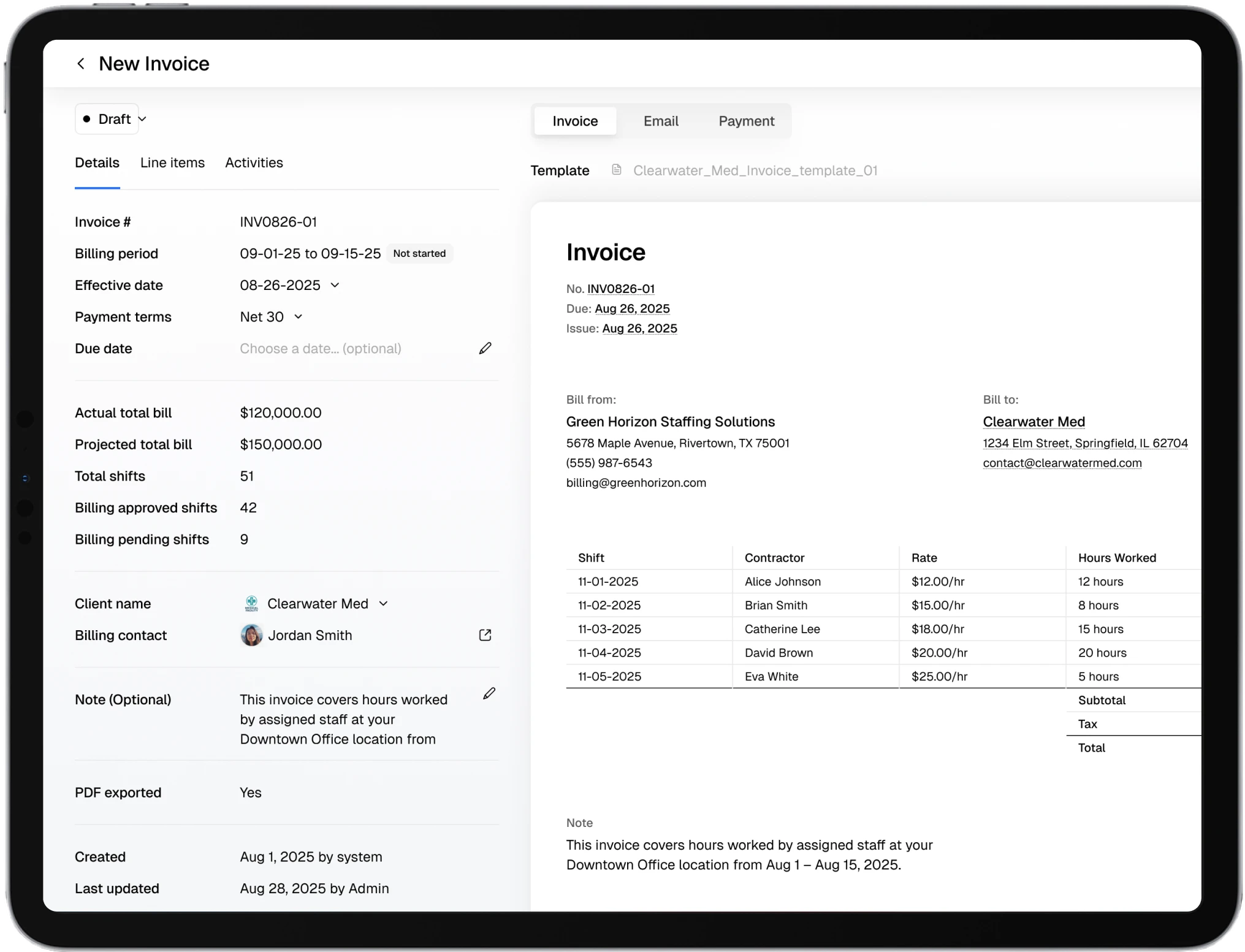 Actual Teambridge invoicing workflow generated from approved shifts
