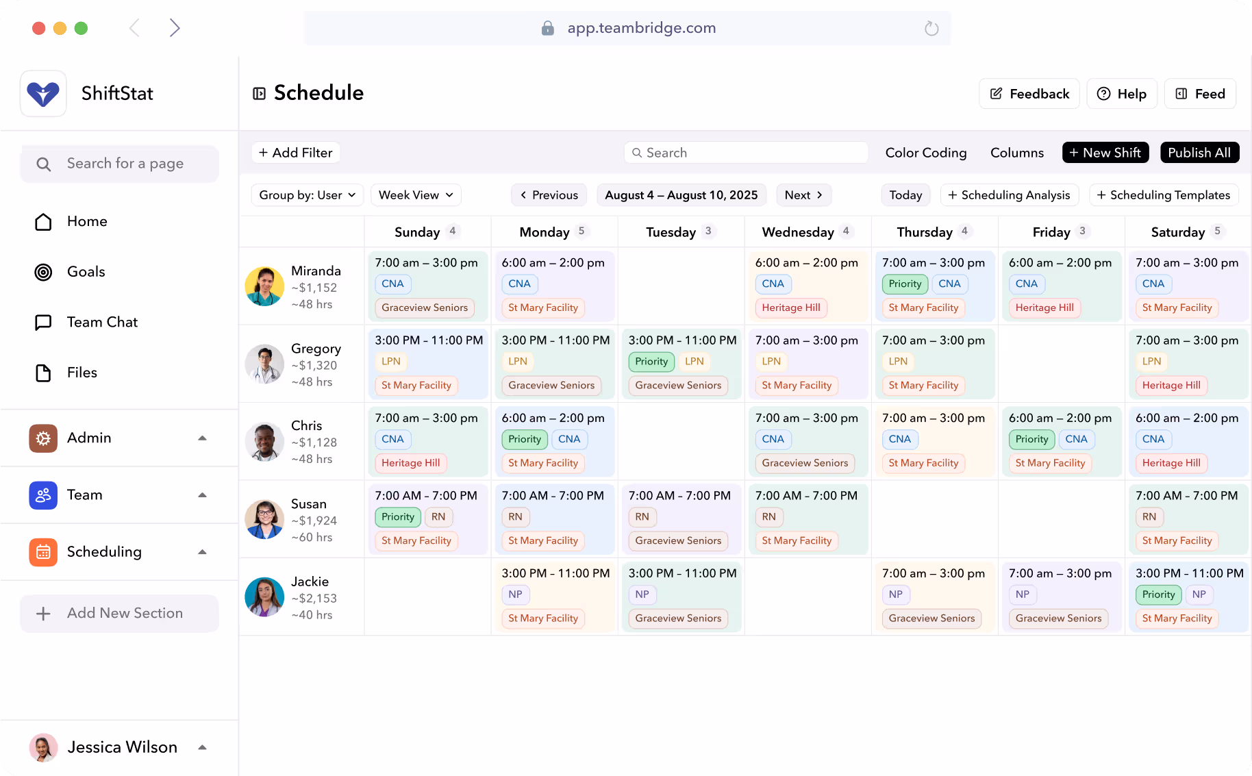 Teambridge schedule with workers and site assignments